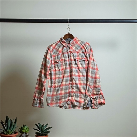 JACHS Girlfriend Tops - JACHS Girlfriend Coral and Blue Plaid Button-Down Long Sleeve Shirt Size Large